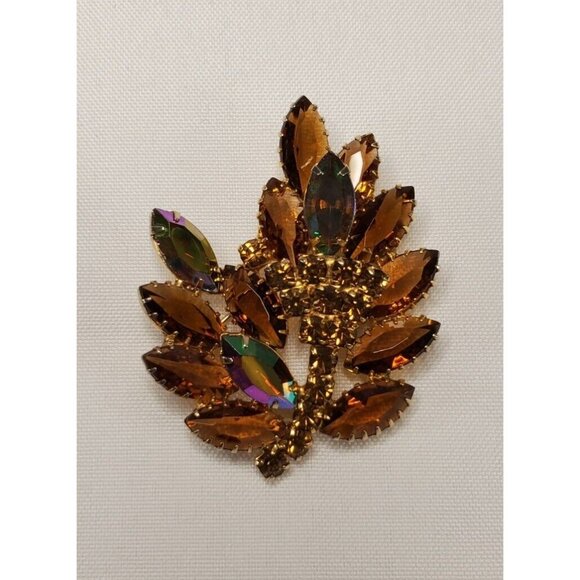 Vintage Brooch Smokey Topaz Amber AB Aurora Borealis Brooch Pin 2.25 Inches - Picture 8 of 10